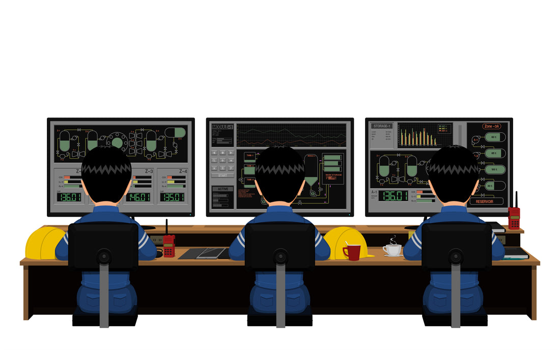 Vector of Operators monitoring a Wastewater Treatment Plant while sitting at a desk.