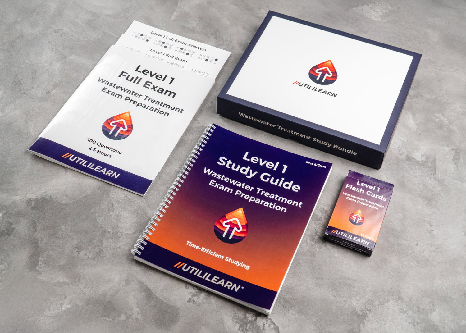 Educational materials including a study guide, flashcards, and exam prep book on a gray surface with UtiliLearn branding.